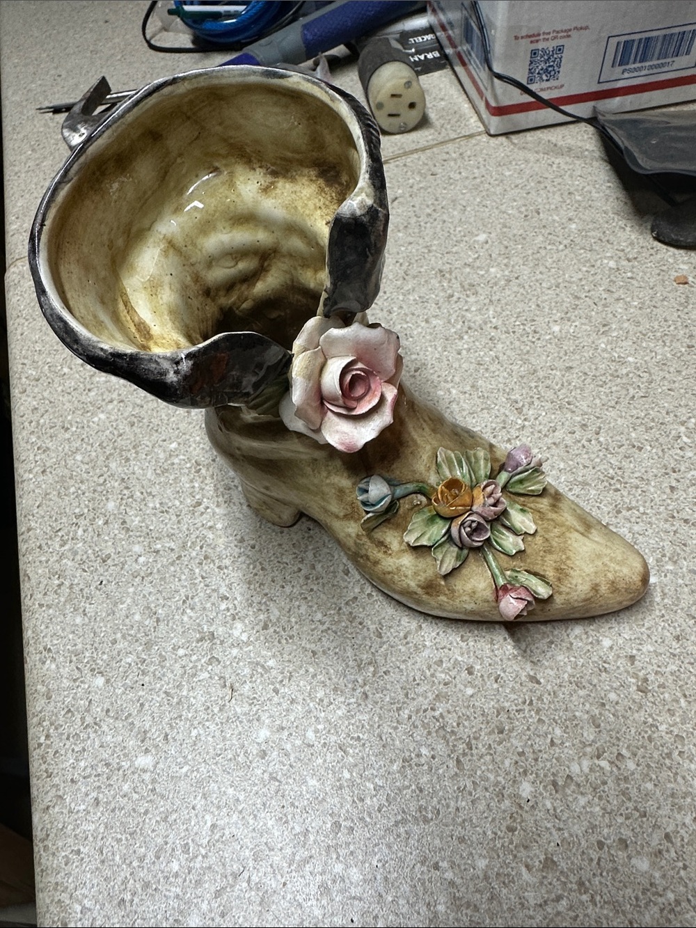 Cream Floral Heeled Boot Planter with Pink Rose Accent